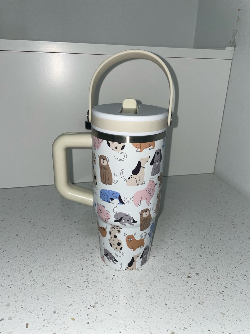 NWT, Cute Dog Pattern Travel Mug - Cream Handle